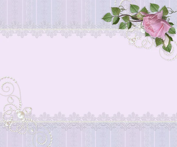 Vintage postcard. Old style, invitation card. Lace, openwork weaving, delicate frame. Bouquet of pink roses and green leaves. Floral background — Stock Photo, Image