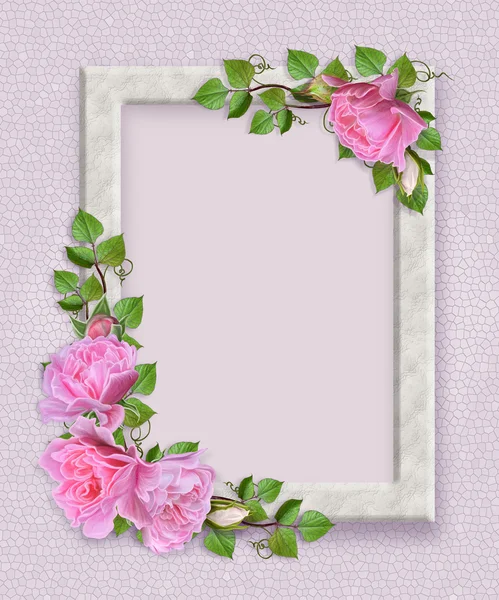 Light wooden frame and pink roses. Flower composition. — Stock Photo, Image