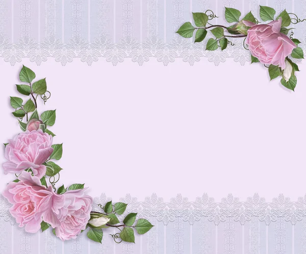 Vintage postcard. Old style, invitation card. Lace, openwork weaving, delicate frame. Bouquet of pink roses and green leaves. Floral background — Stock Photo, Image