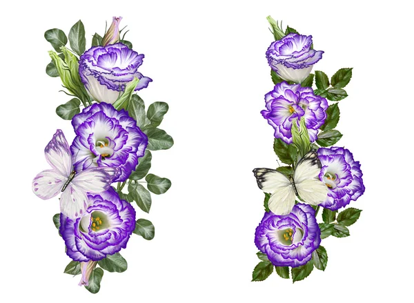 Composição da flor. Buquê de lilás, púrpura e branca eustoma belas borboletas. Isolado sobre fundo branco . — Fotografia de Stock
