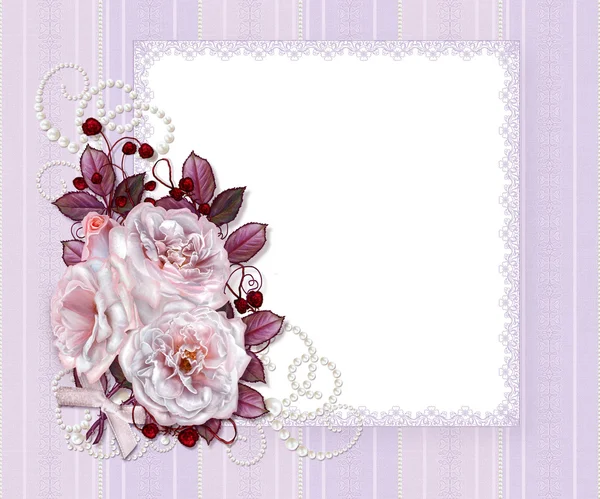 Vintage postcard. Old style. Bouquet pink roses on a pastel background, invitation card. Lace, openwork weaving, delicate frame. — Stock Photo, Image