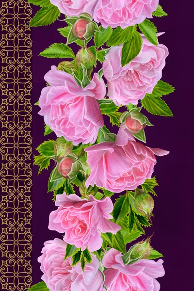 Patrón, sin costuras. Estilo antiguo. Tejido fino, mosaico. Fondo vintage. Frontera floral vertical. Guirnalda de rosas rosadas pálidas . —  Fotos de Stock