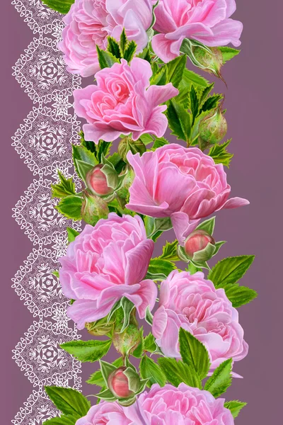 Motif, sans couture. À l'ancienne. Tissage fin, mosaïque. Fond vintage. Bordure florale verticale. Guirlande de roses rose pâle . — Photo