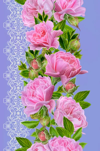 Motif, sans couture. À l'ancienne. Tissage fin, mosaïque. Fond vintage. Bordure florale verticale. Guirlande de roses rose pâle . — Photo