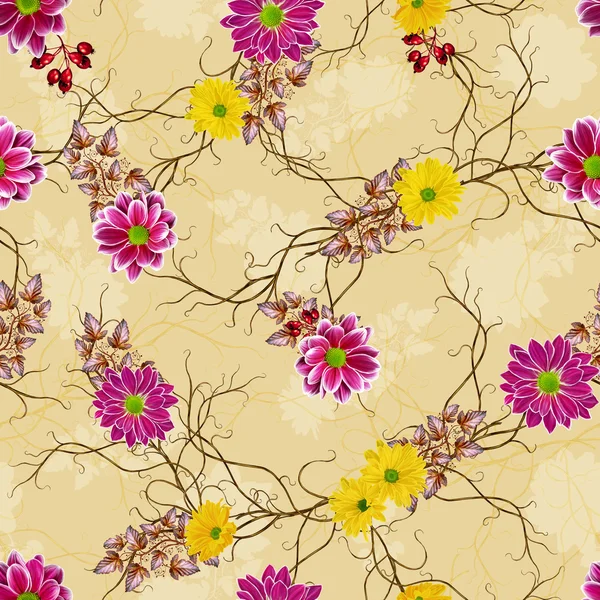 Μοτίβο, χωρίς ραφές. Παλιό στυλ. Πλέκει από κλαδιά. Φθινοπωρινά λουλούδια. Κόκκινα και κίτρινα χρυσάνθεμα. Floral φόντο. — Φωτογραφία Αρχείου
