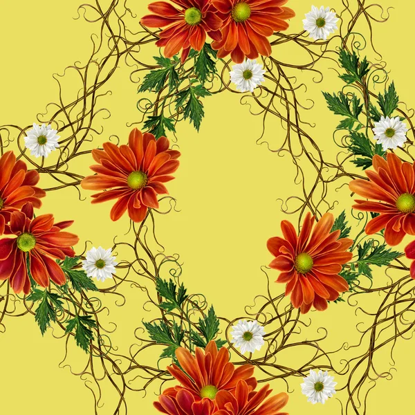 Μοτίβο, χωρίς ραφές. Παλιό στυλ. Πλέκει από κλαδιά. Φθινοπωρινά λουλούδια. Πορτοκαλί και λευκό χρυσάνθεμα. Floral φόντο. — Φωτογραφία Αρχείου