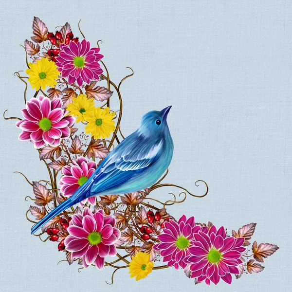 Weaving from twigs. Bright blue and red bird of yellow chrysanthemum flowers. Autumn background. — Stock Photo, Image