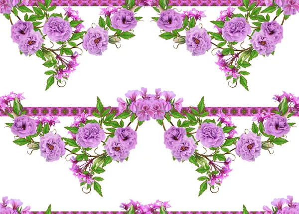 Patroon, naadloos. Oude stijl. Fijn weven, mozaïek. Vintage achtergrond. Bloem Garland van roze en pastel rozen. Horizontale rand. — Stockfoto