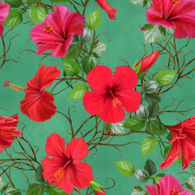 Desen, kusursuz. Eski tarz. Dallardan dokuma. Parlak kırmızı ebegümeci çiçekleri, gül.