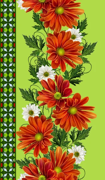 Frontera floral vertical. Patrón, sin costuras. Guirnalda de flores de crisantemos blancos y rojos. Fondo de otoño . — Foto de Stock