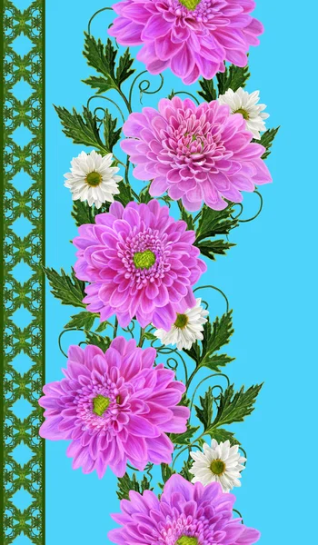 Frontera floral vertical. Patrón, sin costuras. Guirnalda de flores de crisantemos rosados, blancos y rojos. Fondo de otoño. Aislado sobre fondo blanco . — Foto de Stock