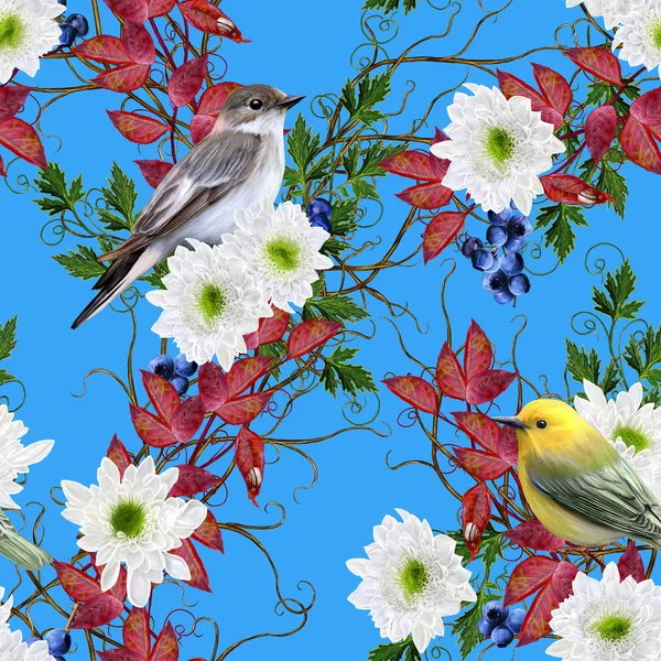 Pattern, seamless. Autumn background. Chrysanthemum flowers are white, bright red autumn leaves, weaving thin branches, blue berries, gray and yellow bird.