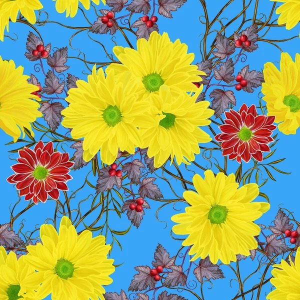 Μοτίβο, χωρίς ραφές. Φθινοπωρινό φόντο. Λουλούδι διάταξη των κίτρινων και κόκκινων χρυσάνθεμα, φωτεινά κόκκινα φύλλα του φθινοπώρου, πορφυρά μούρα, η ύφανση των λεπτών κλαδιά. — Φωτογραφία Αρχείου