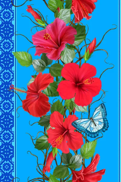 Verticale bloemen grens. Patroon, naadloos. Bloem Garland, weven van dunne takken, rode tropische hibiscus bloemen. Geïsoleerd op witte achtergrond. — Stockfoto