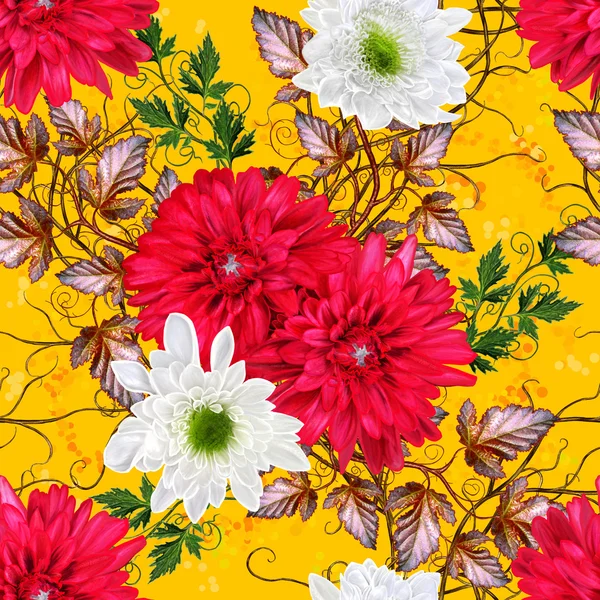 Pattern, seamless. Autumn background. Flower arrangement of yellow and red chrysanthemums, bright red autumn leaves, crimson berries, the weaving of thin branches. — Stock Photo, Image