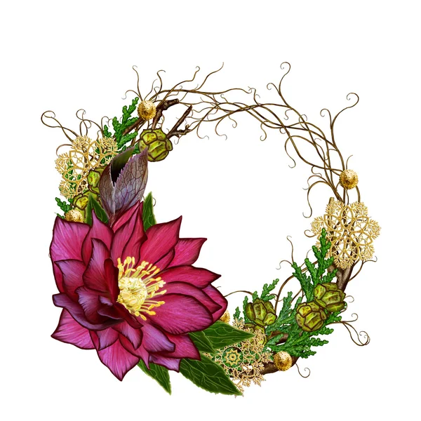 De kroon van de samenstelling van de Kerstmis. Weven van dunne takken rode bloem h — Stockfoto