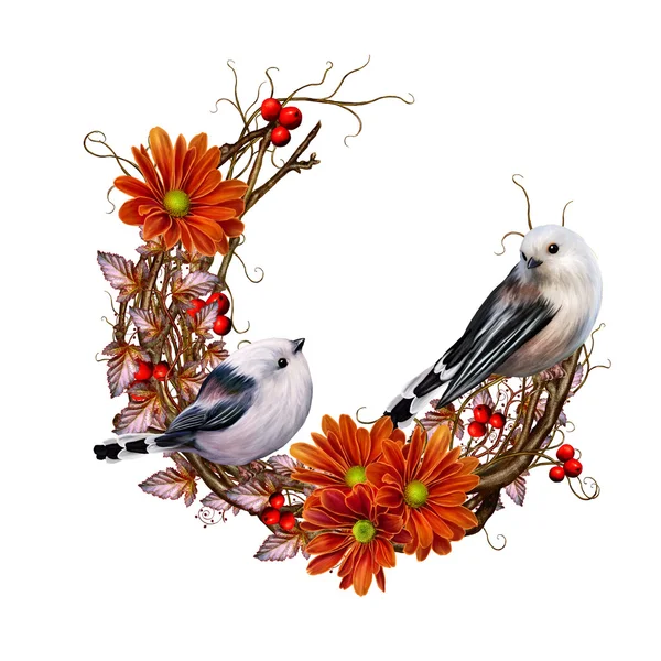 小枝から織る。秋の背景。2羽の鳥、赤、オレンジの菊の花、紅葉とベリー。分離. — ストック写真