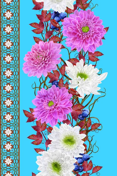 Vertical floral border. Pattern, seamless. Flower garland of pink, white chrysanthemums, white, blue berry. Autumn background.