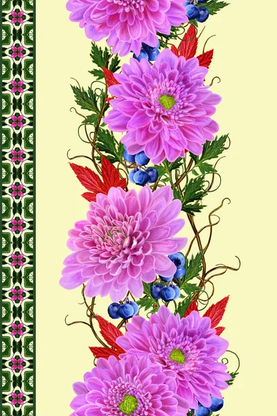 Frontera floral vertical. Patrón, sin costuras. Guirnalda de flores de crisantemos rosados. Fondo de otoño . — Foto de Stock