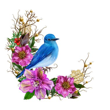 Mavi kuş, dokuma dalları Pembe çiçek Karaca ot, altın kar tanesi, renkli meyveleri, Noel gülü, Noel kartı. Kış arka plan. İzole.