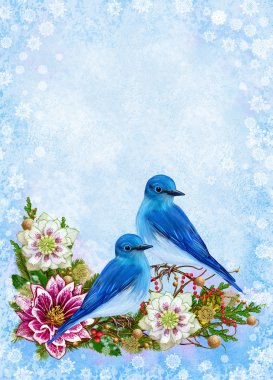 Mavi Kuş, dokuma dalları pembe çiçek hellebore, altın snowflak