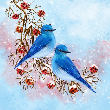 Dalda oturan iki mavi kuş. Kırmızı meyveler, kar, kış arka plan.