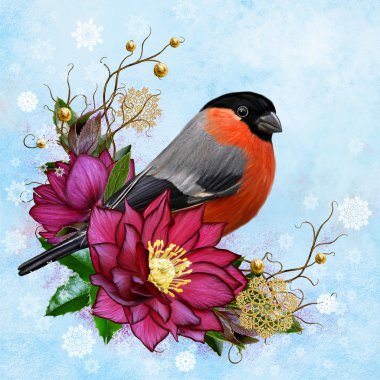 Parlak kırmızı kuş şakrak kuşu, Bordo çiçek dokuma twigs, altın takılar, kış arka plan, Noel kompozisyon Karaca ot,.