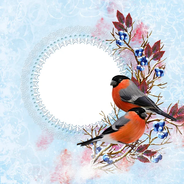 Two birds bullfinch sitting on a branch. Bright sinii berries, red leaves, snow. Winter background. Vintage postcard, old style. — Stock Photo, Image