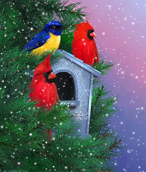 Різдво Новорічний Зимовий Святковий Фон Кардинал Червоного Птаха Маленька Синиця — стокове фото
