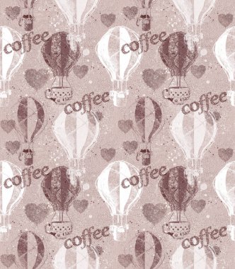 Yaratıcı gerçeküstü arka plan, sıcak hava balonunda uçan bir fincan kahve, tahılla kaplanmış harfler, kızarmış fasulye kalbi, pastel kahverengi tonlar, kusursuz desenler.