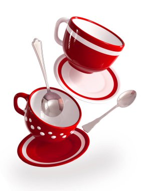 Yaratıcı sürreal arkaplan, uçan, düşen porselen sofra takımı, kırmızı bardak, çay tabağı, kaşık, izole edilmiş, üç boyutlu