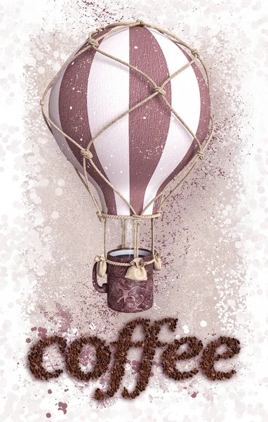 Creative Surreal Background Cup Coffee Flying Hot Air Balloon Letters — Stock Photo, Image