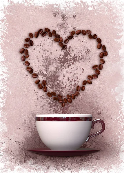 Roasted Dark Coffee Beans Stacked Shape Heart Cup Beans Pastel — Stock Photo, Image