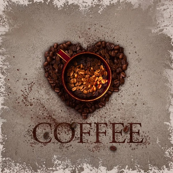 Roasted Dark Coffee Beans Stacked Heart Shape Red Cup Golden — Stock Photo, Image