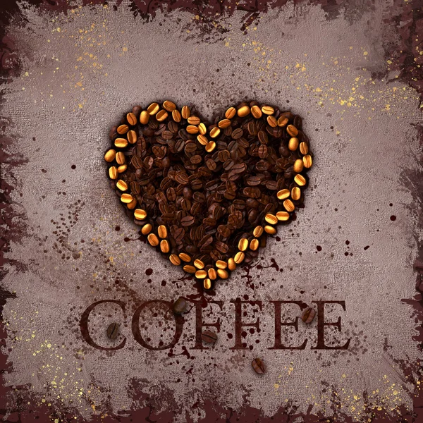 Roasted Dark Golden Coffee Beans Stacked Heart Shape Pastel Brown — Stock Photo, Image