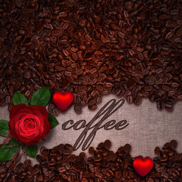 Grãos Café Torrados Escuros Decoração Forma Coração Rosa Vermelha Lona — Fotografia de Stock