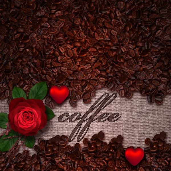 Geröstete Dunkle Kaffeebohnen Herzförmige Dekoration Rote Rose Leinwand Rendering Draufsicht — Stockfoto