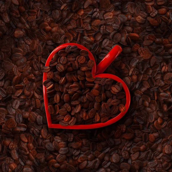 Темно Коричневый Фон Чашка Форме Красного Сердца Зерном Черного Кофе — стоковое фото
