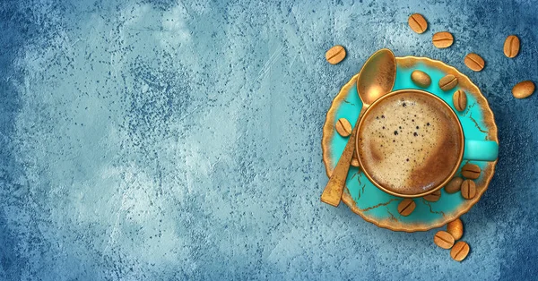 cup of coffee with milk, turquoise with gold porcelain, coffee beans covered with gold paint, blue background, 3D rendering, mixed media