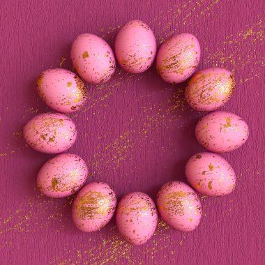 Paskalya bayramı zarif arka plan, boyanmış altın renkli yumurtalar, yazı için yer, üst manzara, 3D görüntüleme