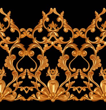 Altın kaplama, kaplama, bukleler, dekoratif süs, arabesk elementi, klasik mimari detay, üç boyutlu işleme, kusursuz desen, izole edilmiş.