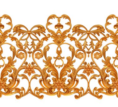 Altın kaplama, kaplama, bukleler, dekoratif süs, arabesk elementi, klasik mimari detay, üç boyutlu işleme, kusursuz desen, izole edilmiş.