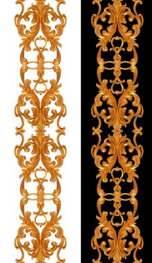 Altın kaplama, kaplama, bukleler, dekoratif süs, arabesk elementi, klasik mimari detay, üç boyutlu işleme, kusursuz desen, izole edilmiş.