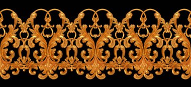 Altın kaplama, kaplama, bukleler, dekoratif süs, arabesk elementi, klasik mimari detay, üç boyutlu işleme, kusursuz desen, izole edilmiş.