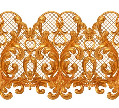 Altın kaplama, kaplama, bukleler, dekoratif süs, arabesk elementi, klasik mimari detay, üç boyutlu işleme, kusursuz desen, izole edilmiş.