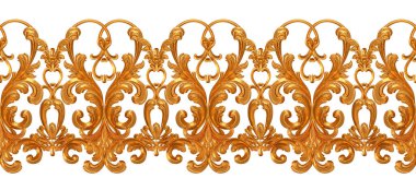 Altın kaplama, kaplama, bukleler, dekoratif süs, arabesk elementi, klasik mimari detay, üç boyutlu işleme, kusursuz desen, izole edilmiş.