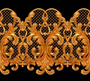 Altın kaplama, kaplama, bukleler, dekoratif süs, arabesk elementi, klasik mimari detay, üç boyutlu işleme, kusursuz desen, izole edilmiş.