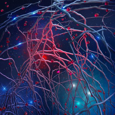 Soyut tıbbi altyapı, nöronal ağlar, hücreler, sinir uçları, elektriksel impulslar, rastgele küçük kürelerin organik materyalli bir element olarak yakın plan, 3D