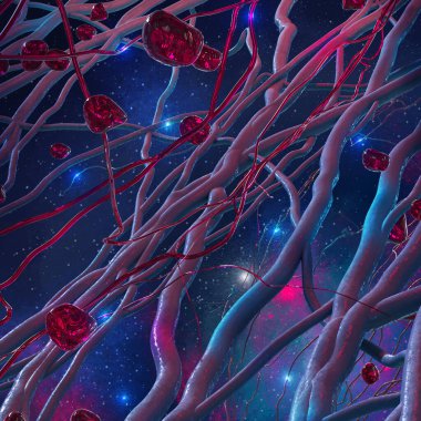 Soyut tıbbi altyapı, nöronal ağlar, hücreler, sinir uçları, elektriksel impulslar, rastgele küçük kürelerin organik materyalli bir element olarak yakın plan, 3D