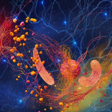 Soyut tıbbi arka plan, sinirsel ağlar, hücreler, sinir uçları, elektriksel impulslar, organik materyalli bir element olarak rastgele küçük kürelerin yakın plan görüntüsü, 3D